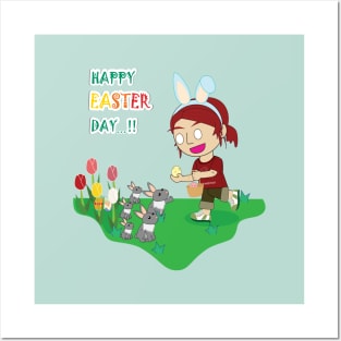 Happy easter's day, Bunny easter, Red hair girl get the easter egg from rabbit family, Rabbit easter family, Cute girl, Red hair girl, cute bunny, rabbit lover. Posters and Art